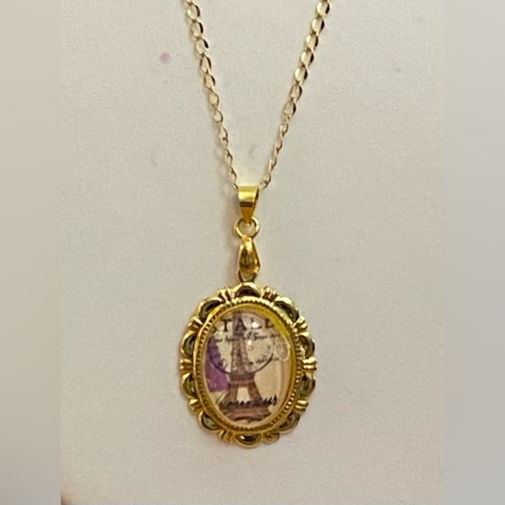 NEW PARIS postage stamp cabochon/16K Gold chain pendant